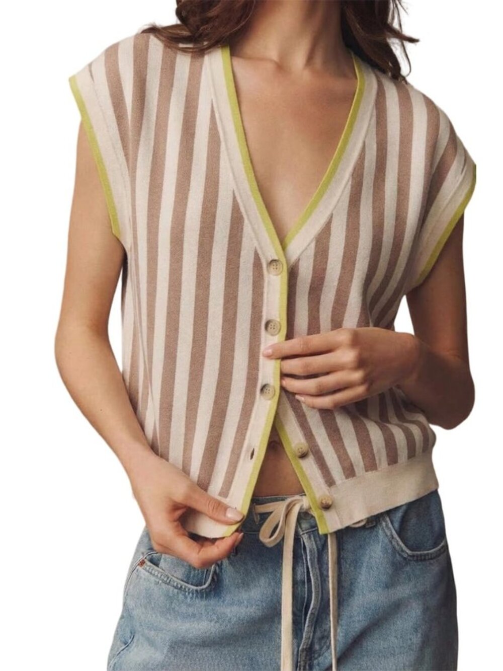 Womens Oversized Striped Sweater Vest Soft Lightweight Knit Cardigan